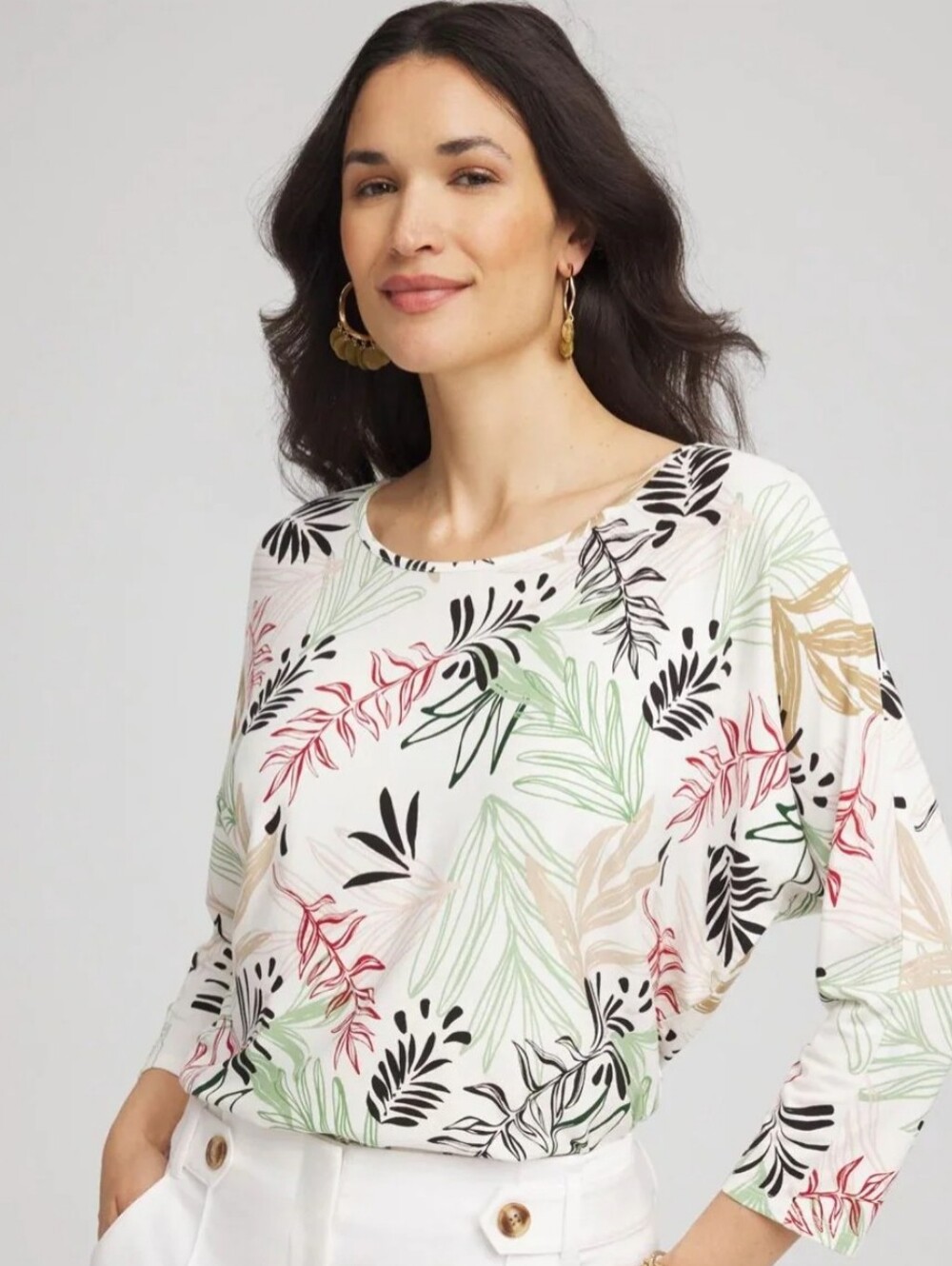 Chicos Touch Of Cool Tapered Tropical Print Top Sz 3 (XL) Resort Summer NWT